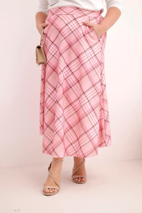 Spódnica damska Plus Size w kratę z szerokim dołem jasno różowa
