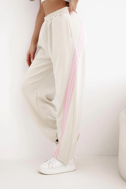 Spodnie damskie masełkowe z wiskozy z lampasem beżowe
