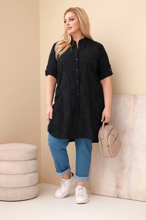 Sukienka damska Plus Size z haftem i podwijanym rękawem czarna