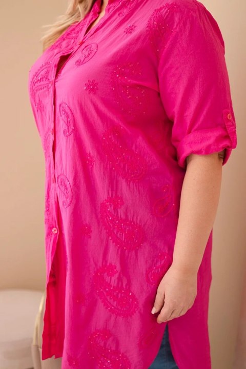 Sukienka damska Plus Size z haftem i podwijanym rękawem różowa