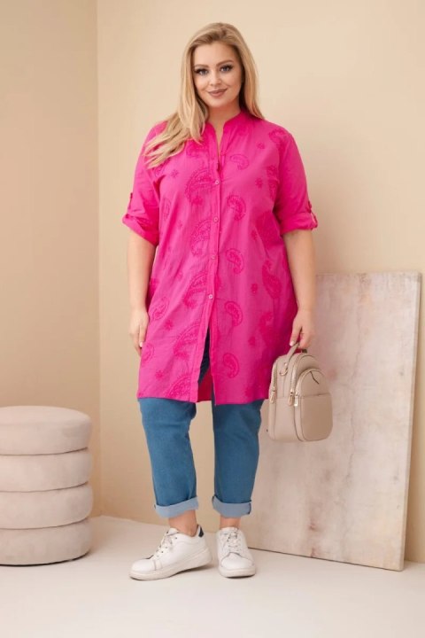 Sukienka damska Plus Size z haftem i podwijanym rękawem różowa