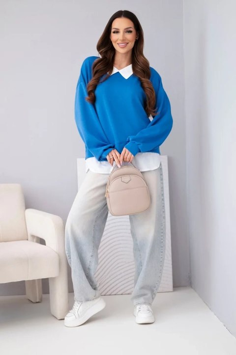 Bluza damska masełkowa z wiskozy i z koszulową wstawką chabrowa