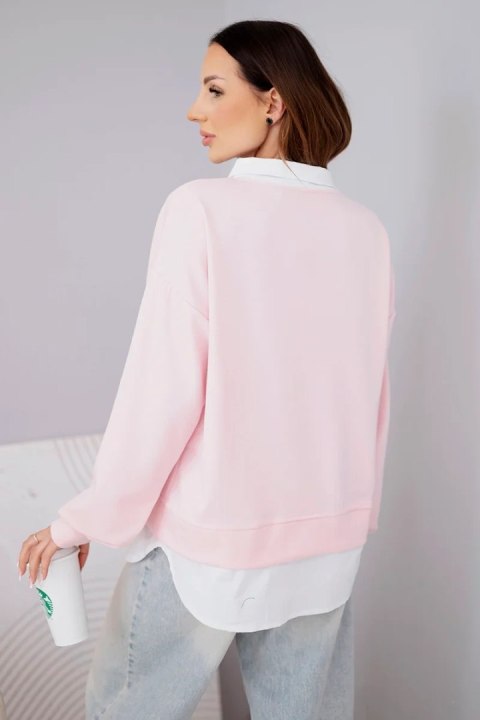 Bluza damska masełkowa z wiskozy i z koszulową wstawką jasno różowa