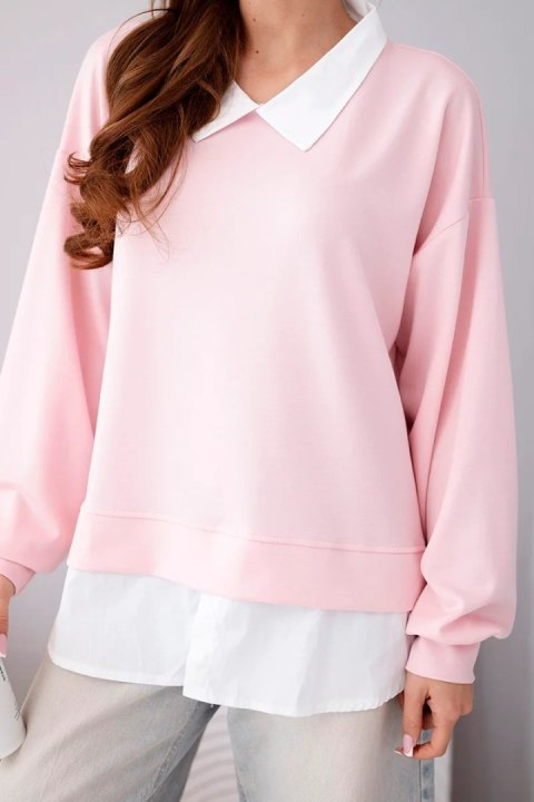 Bluza damska masełkowa z wiskozy i z koszulową wstawką jasno różowa