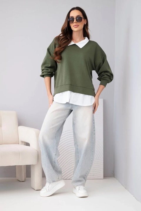 Bluza damska masełkowa z wiskozy i z koszulową wstawką khaki