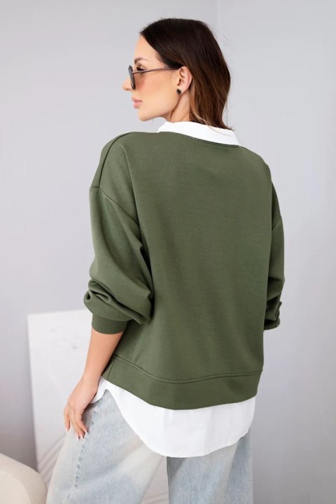 Bluza damska masełkowa z wiskozy i z koszulową wstawką khaki