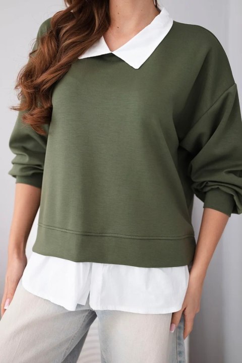 Bluza damska masełkowa z wiskozy i z koszulową wstawką khaki