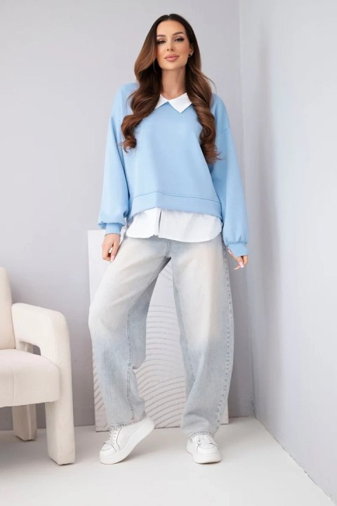 Bluza damska masełkowa z wiskozy i z koszulową wstawką niebieska