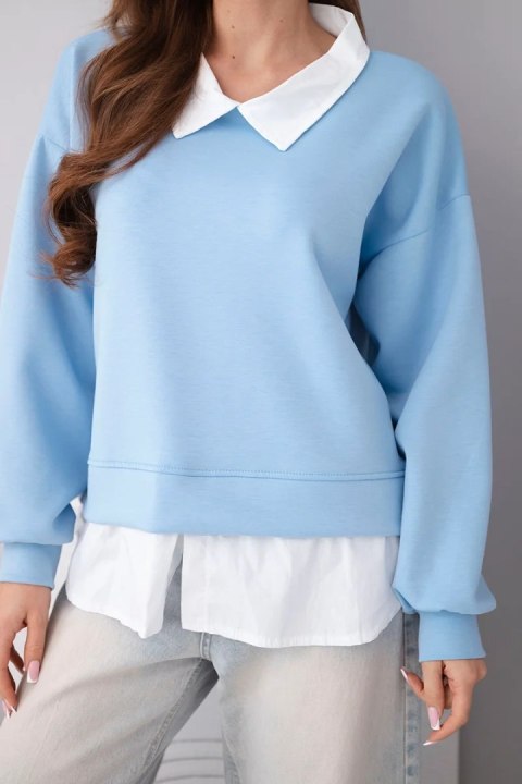 Bluza damska masełkowa z wiskozy i z koszulową wstawką niebieska