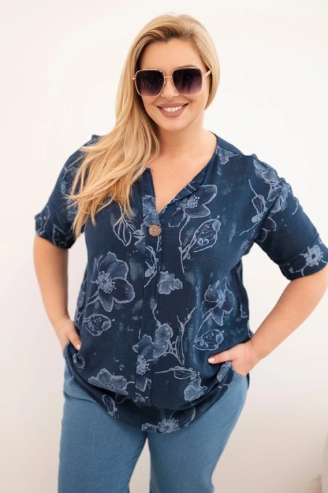 Granatowa bluzka bawełniana Plus Size w kwiaty