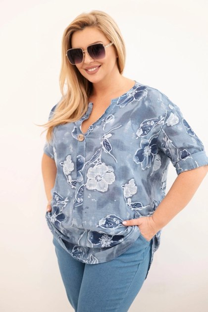 Bluzka damska bawełniana Plus Size w kwiatowy wzór jeansowa