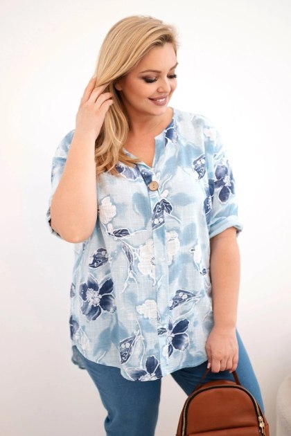 Bluzka damska bawełniana Plus Size w kwiatowy wzór niebieska
