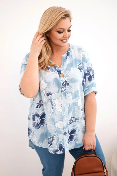 Bluzka damska bawełniana Plus Size w kwiatowy wzór niebieska