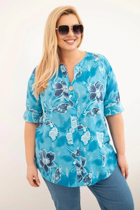 Bluzka damska bawełniana Plus Size w kwiatowy wzór turkusowa