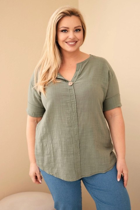 Khaki bluzka damska bawełniana Plus Size z dekoltem na guziki