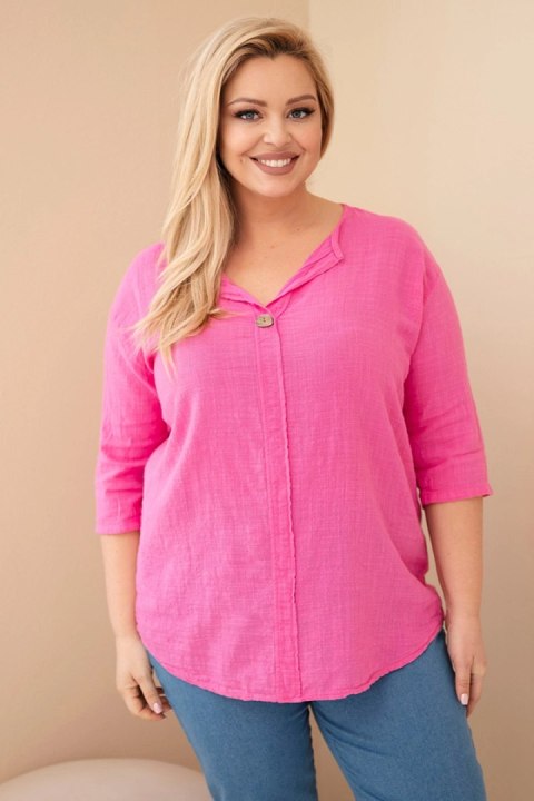 Różowa bluzka damska bawełniana Plus Size z dekoltem na guziki