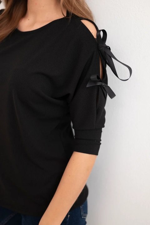Bluzka damska wiskozowa z ozdobnymi wstążkami czarna