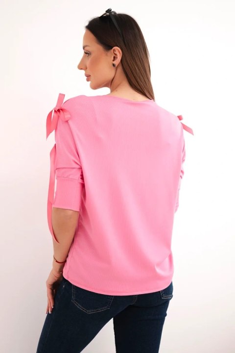 Bluzka damska wiskozowa z ozdobnymi wstążkami jasno różowa