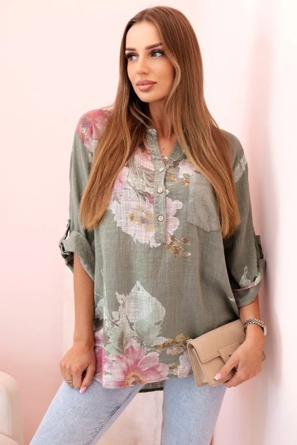 Bluzka damska z bawełny z kwiatowym wzorem i guzikami khaki
