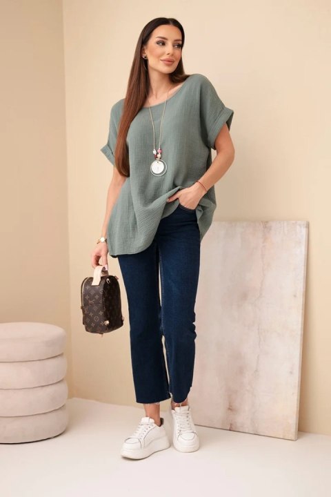 Bluzka muślinowa z naszyjnikiem ciemne khaki