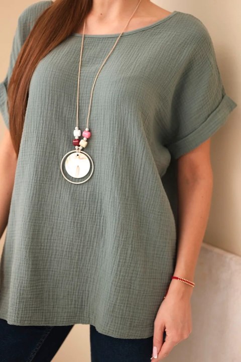 Bluzka muślinowa z naszyjnikiem ciemne khaki