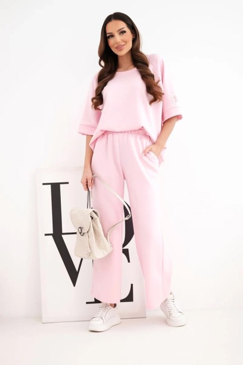 Komplet damski masełkowy z wiskozy bluza i szerokie spodnie cukierkowy róż