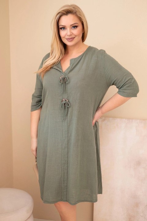 Khaki sukienka bawełniana Plus Size z wiązaniem przy dekolcie