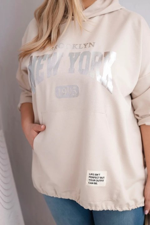 Bluza damska Plus Size wiskozowa z kapturem i kieszenią kangurką beżowa