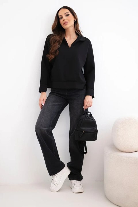 Bluza damska masełkowa z wiskozy i z kołnierzykiem i dekoltem V czarna