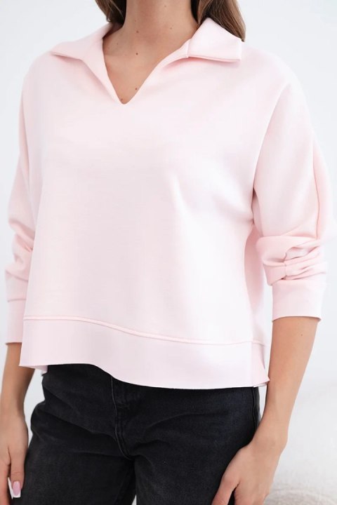 Bluza damska masełkowa z wiskozy i z kołnierzykiem i dekoltem V pudrowy róż