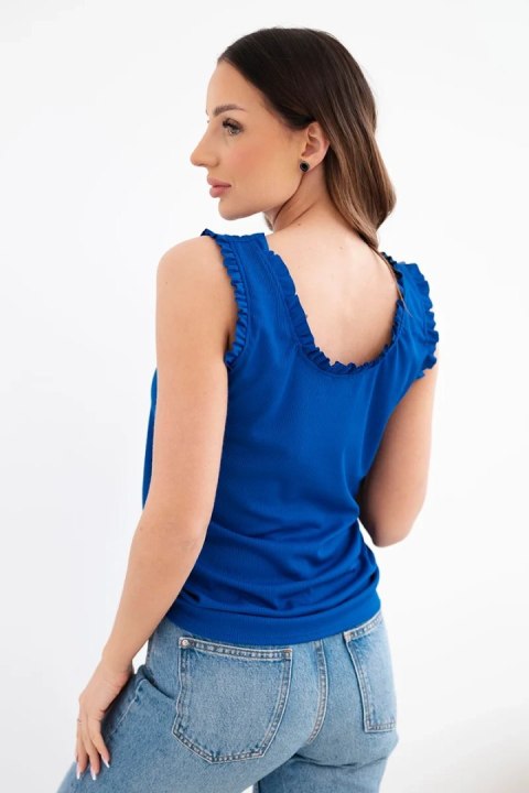 Bluzka damska z wiskozy z falbanką przy dekolcie chabrowa