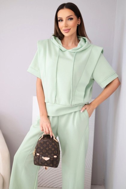 Komplet damski masełkowy bluza z kapturem i luźne spodnie z wiązaniem ciemny miętowy