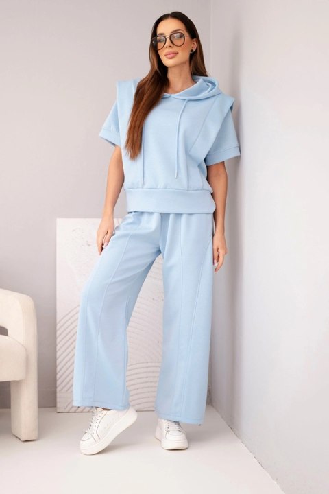 Komplet damski masełkowy bluza z kapturem i luźne spodnie z wiązaniem niebieski