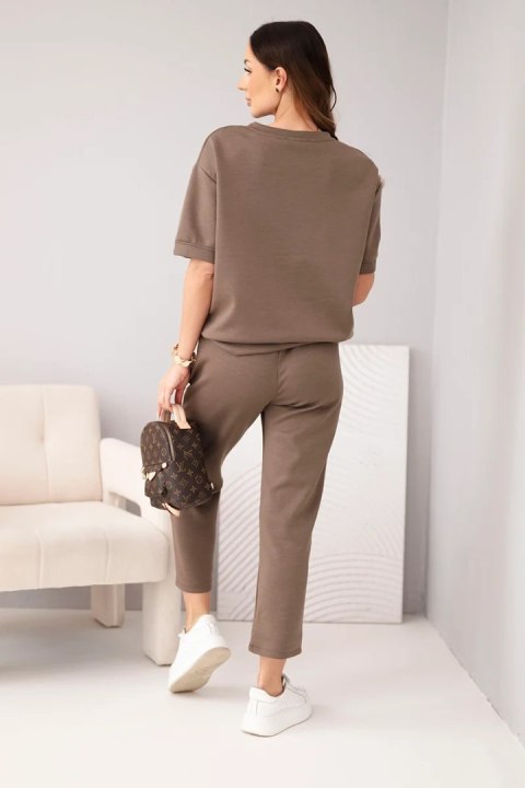 Komplet damski wiskozowy masełko z krótkim rękawem i spodniami z podwijaną nogawką mocca