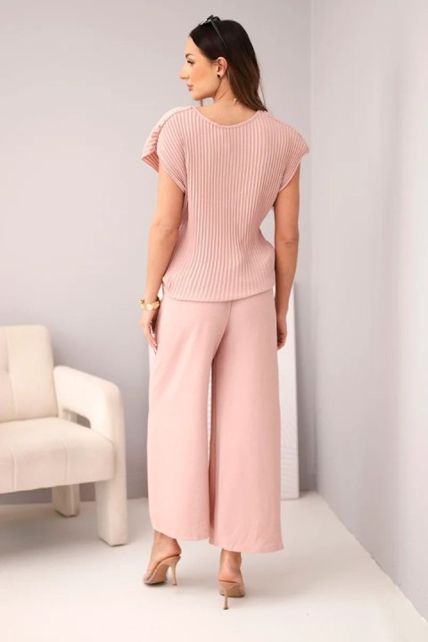 Komplet z wiskozy bluzka plisowana + spodnie ciemny pudrowy róż