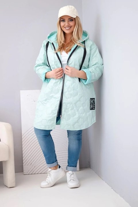 Kurtka damska Plus Size pikowana z kapturem i napisem HOPE jasno miętowa