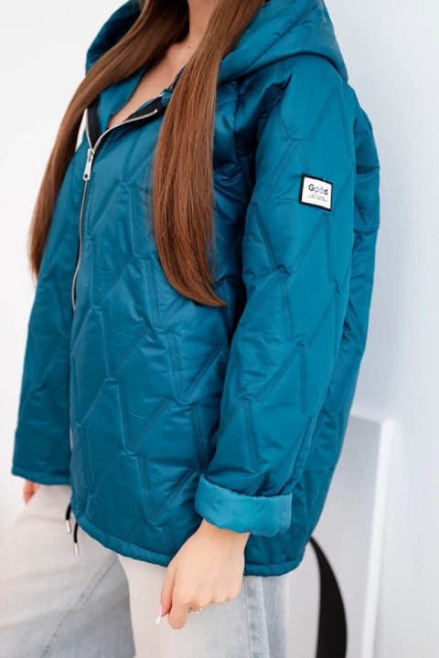 Kurtka damska wiosenna pikowana z kapturem i zamkiem morska