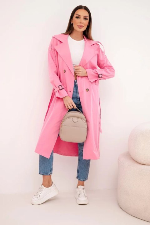 Płaszcz damski wiązany w talii z kołnierzem jasno różowy