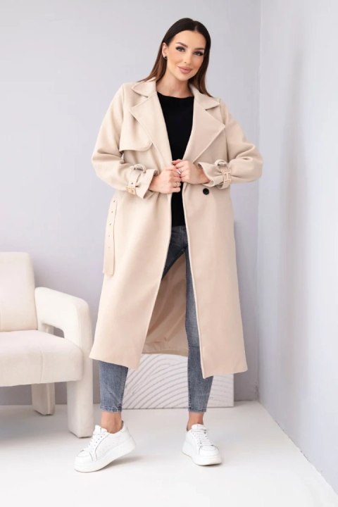 Płaszcz damski z paskiem i złotymi klamrami beżowy
