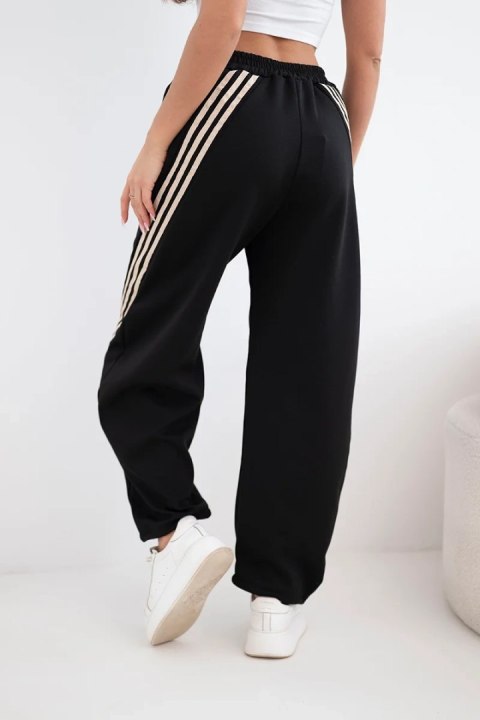 Spodnie damskie masełkowe z wiskozy z lampasem czarny + beżowy