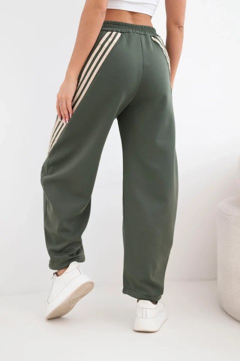 Spodnie damskie masełkowe z wiskozy z lampasem khaki