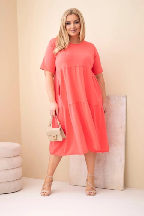 Sukienka damska bawełniana Plus Size z krótkim rękawem i falbaną malinowa