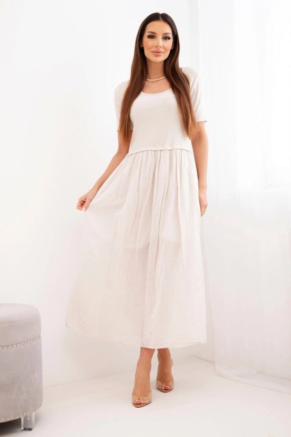 Sukienka damska bawełniana midi z krótkim rękawem i rozkloszowanym dołem beżowa