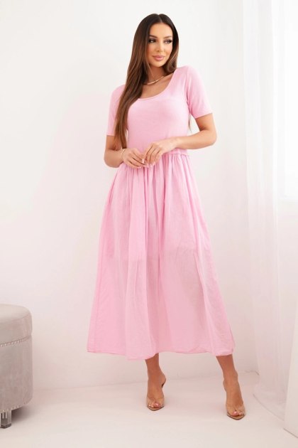 Sukienka damska bawełniana midi z krótkim rękawem i rozkloszowanym dołem jasno różowa