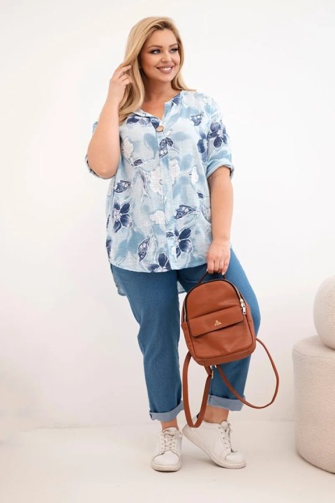 Bluzka damska bawełniana Plus Size w kwiatowy wzór niebieska