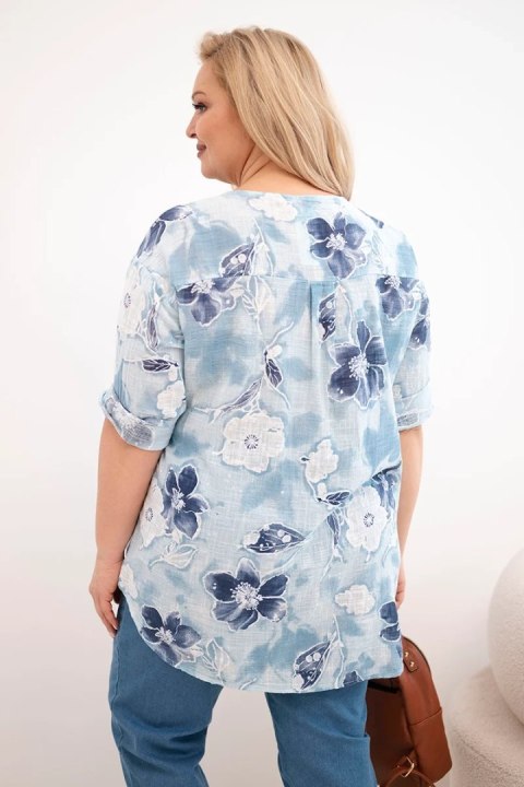 Bluzka damska bawełniana Plus Size w kwiatowy wzór niebieska