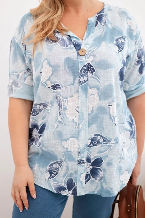Bluzka damska bawełniana Plus Size w kwiatowy wzór niebieska