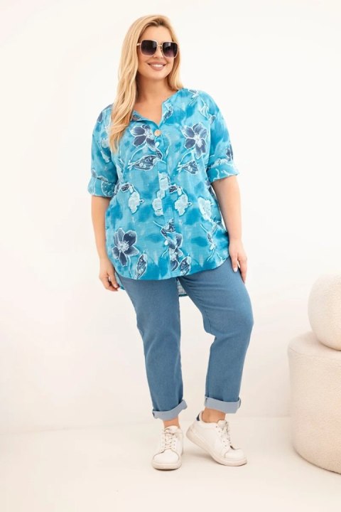 Bluzka damska bawełniana Plus Size w kwiatowy wzór turkusowa