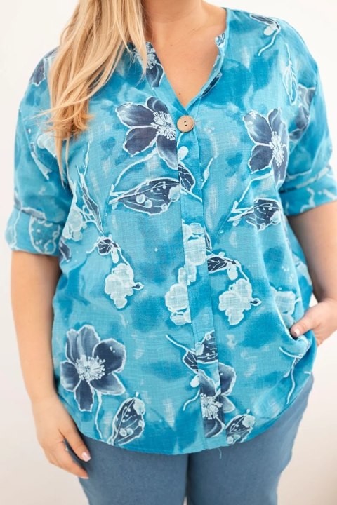 Bluzka damska bawełniana Plus Size w kwiatowy wzór turkusowa
