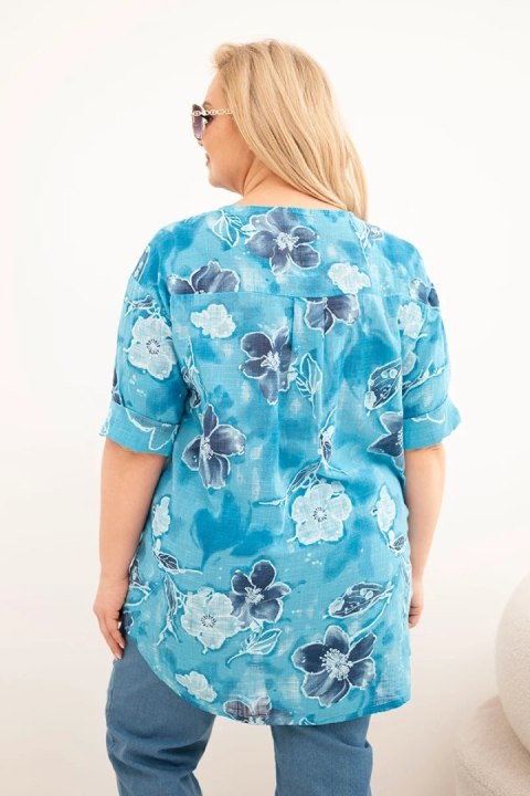 Bluzka damska bawełniana Plus Size w kwiatowy wzór turkusowa
